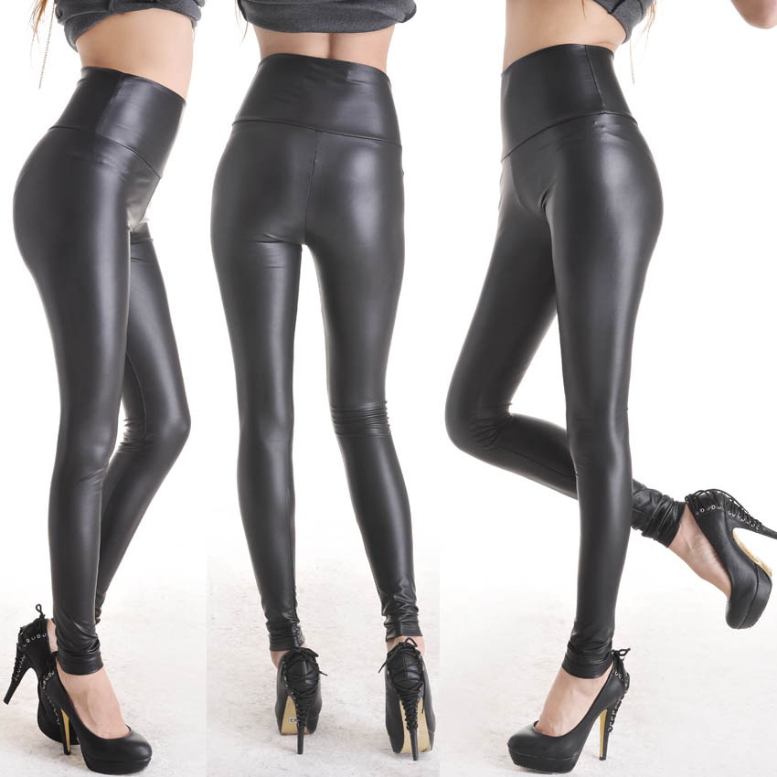 New Fashion Womens Shiny Wet Faux Leather High-waist Leggings Pants